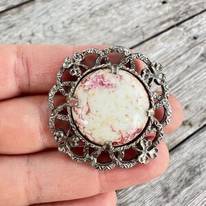 Vintage Cinnabar Brooch: Ornate Silver Tone Jewelry Pin